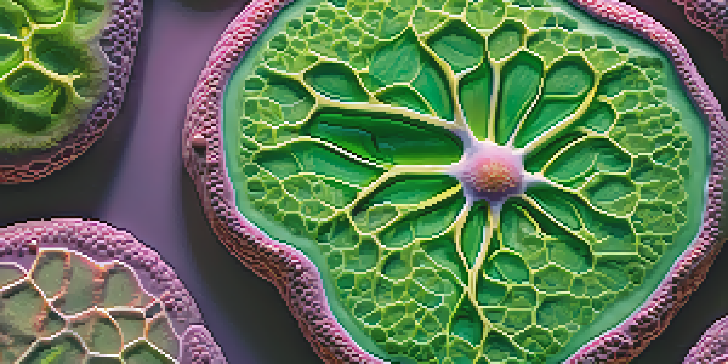 A detailed close-up of a plant cell showing its structures like the cell wall, chloroplasts, and central vacuole in a natural setting with soft sunlight.