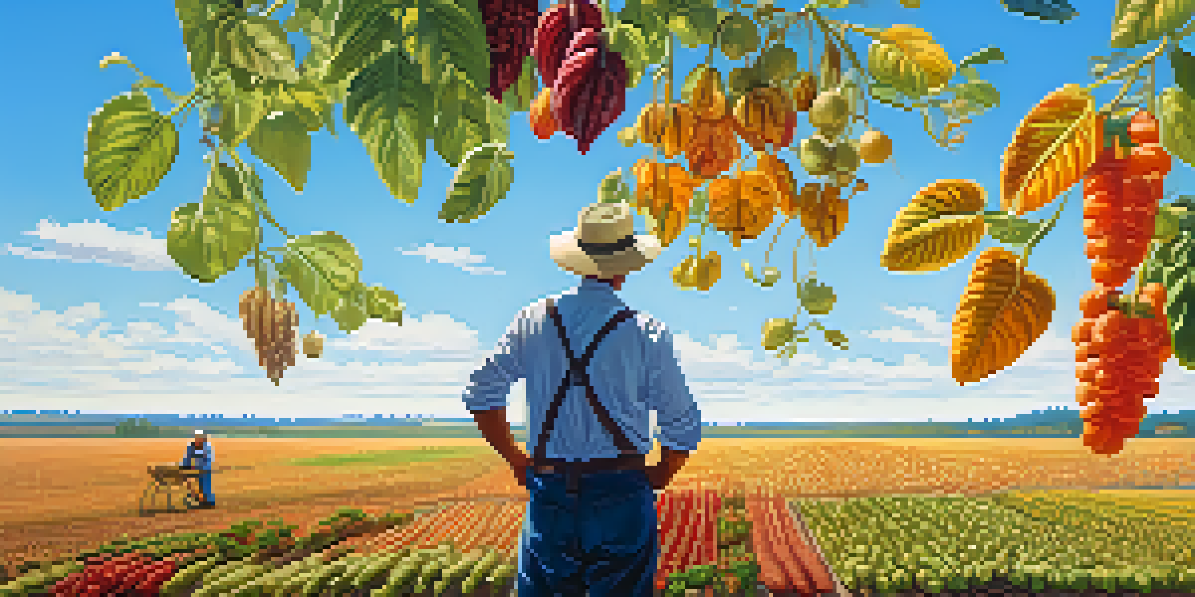 A farmer in a sunny field of diverse crops, holding seeds, with various plants in the background.