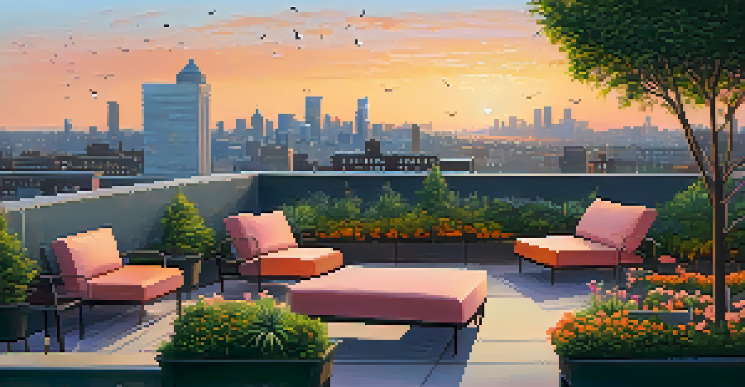 A rooftop garden with trees and plants, offering a view of the city skyline during sunset.