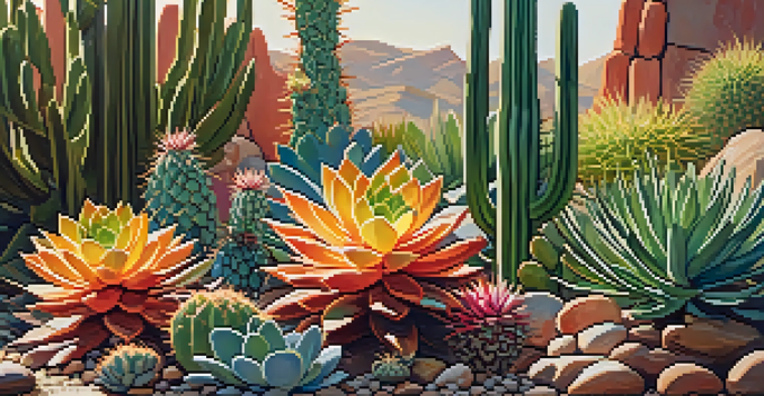 A colorful garden filled with various cacti and succulents arranged in layers, illuminated by warm sunlight.