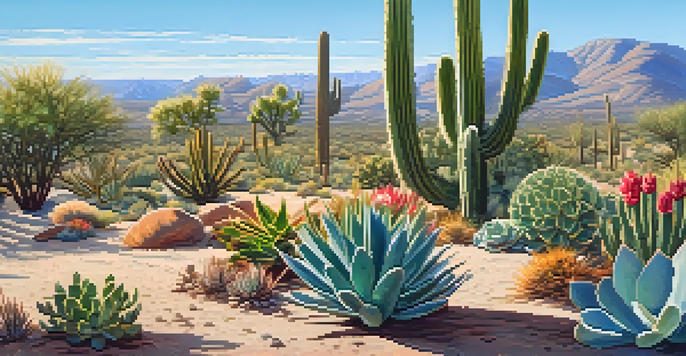 A colorful desert garden filled with different cacti and succulents under a clear blue sky.