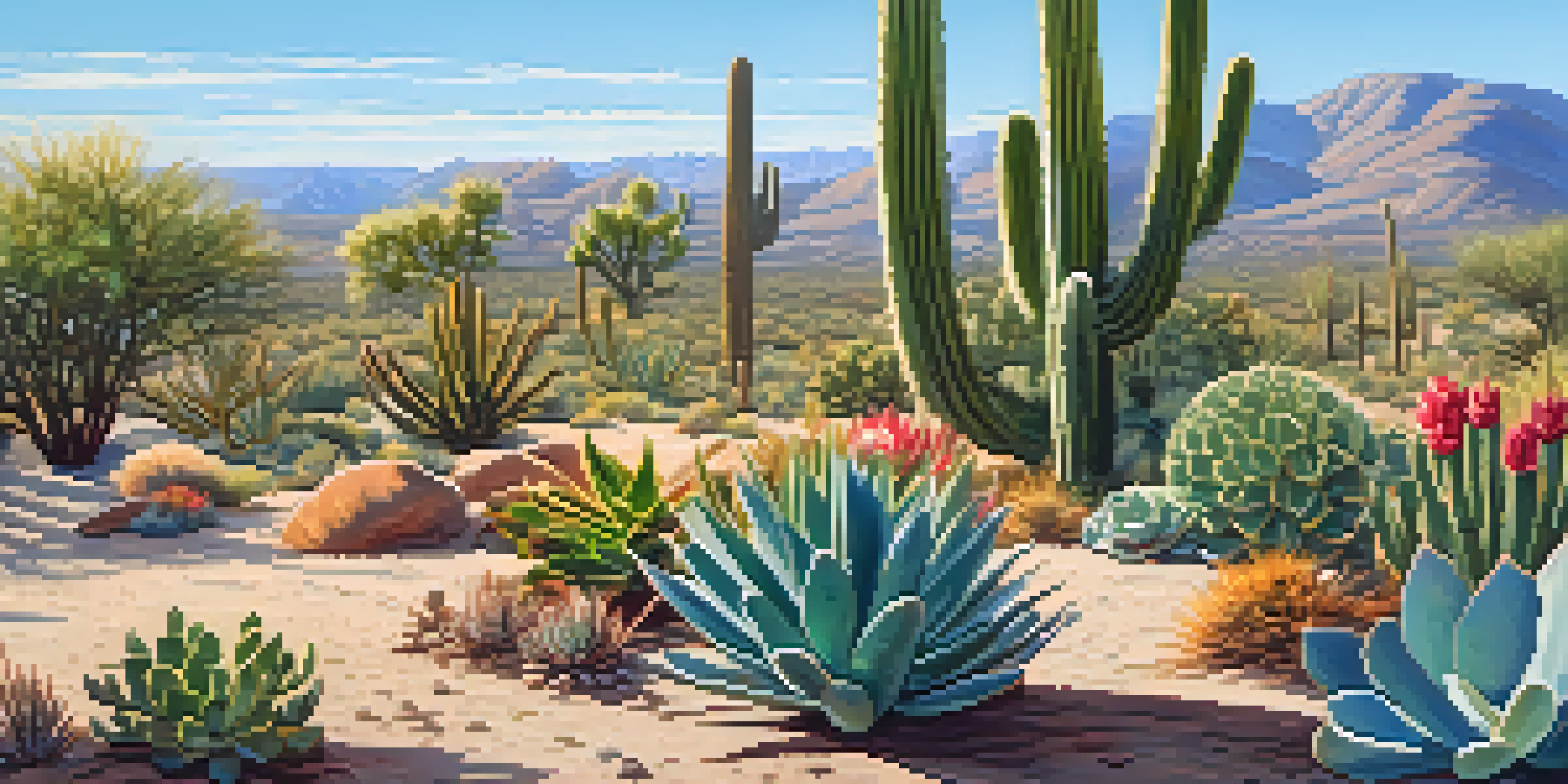 A colorful desert garden filled with different cacti and succulents under a clear blue sky.