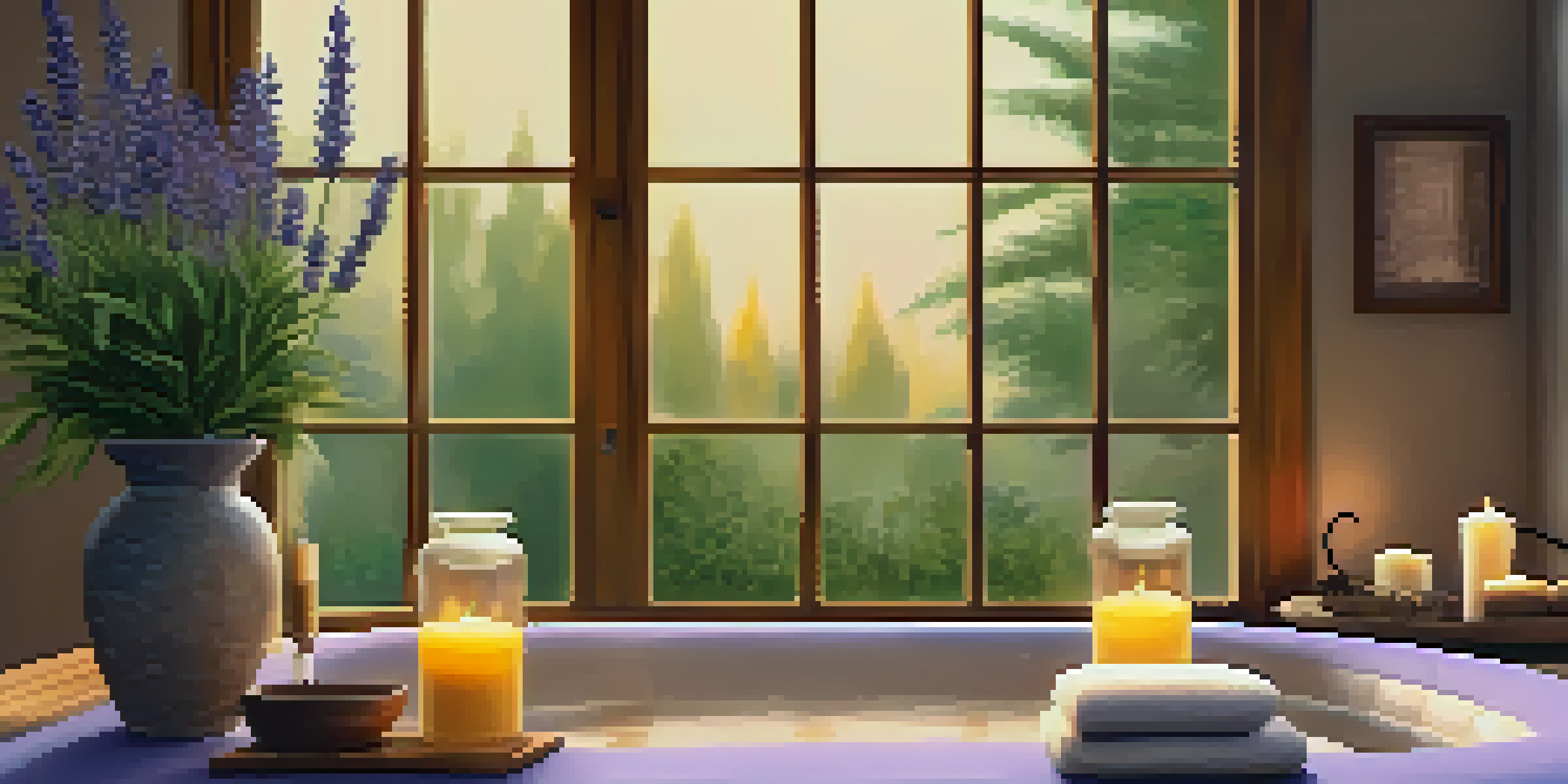 A peaceful home spa with a diffuser, lavender essential oil bottles, and a candle, illuminated by warm light, with a garden view outside.
