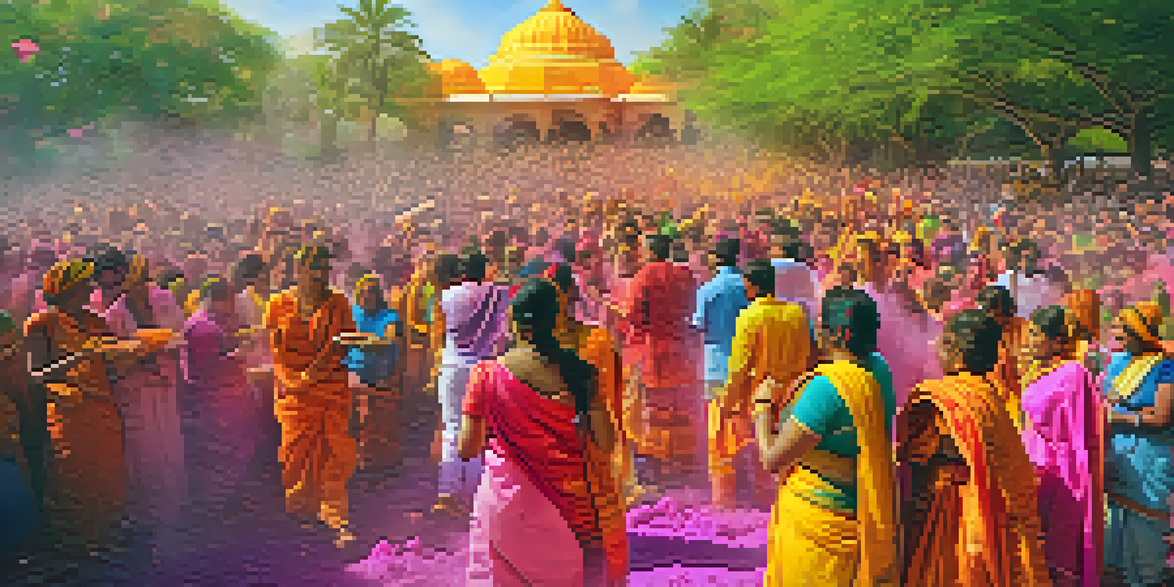 A lively Holi festival scene with people throwing colorful powders, surrounded by flowers and greenery under bright sunlight.