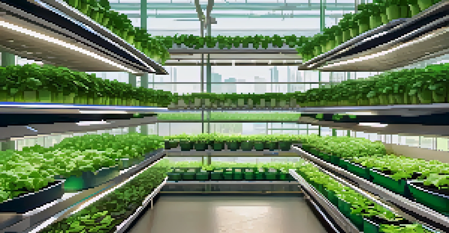 Aerial view of a vertical hydroponic farm in an urban setting, showcasing multiple levels of plants and workers.