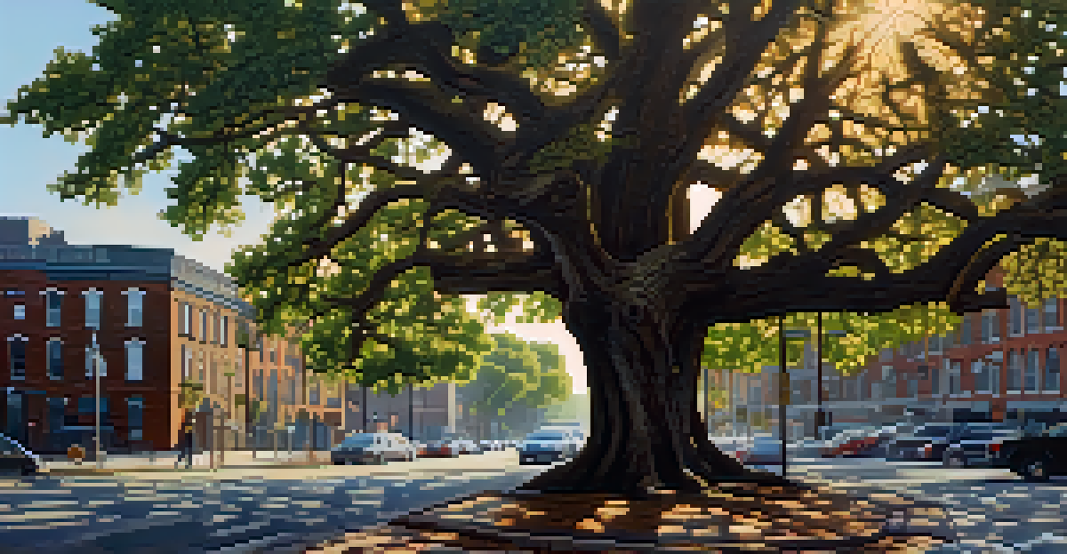 A large oak tree in an urban area with detailed bark and branches, set against a city backdrop.