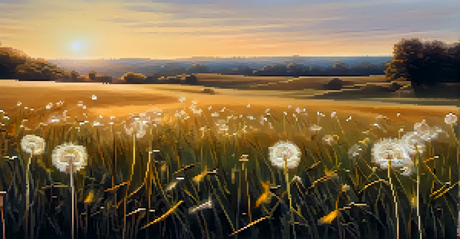 A peaceful field filled with dandelions, with seeds blowing in the wind during sunset.