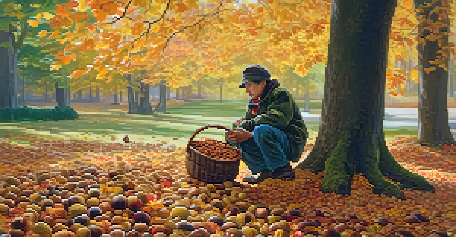 A forager collecting chestnuts in a colorful autumn setting, surrounded by fallen leaves.