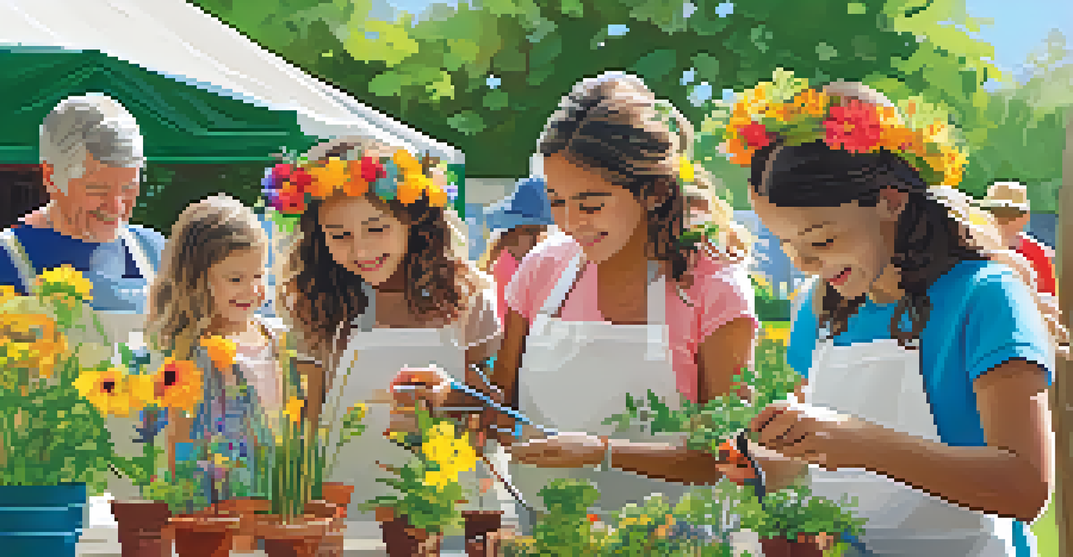 Families participating in a gardening workshop at the Garden Festival, with children crafting flower crowns and adults learning about sustainable gardening among vibrant plants.