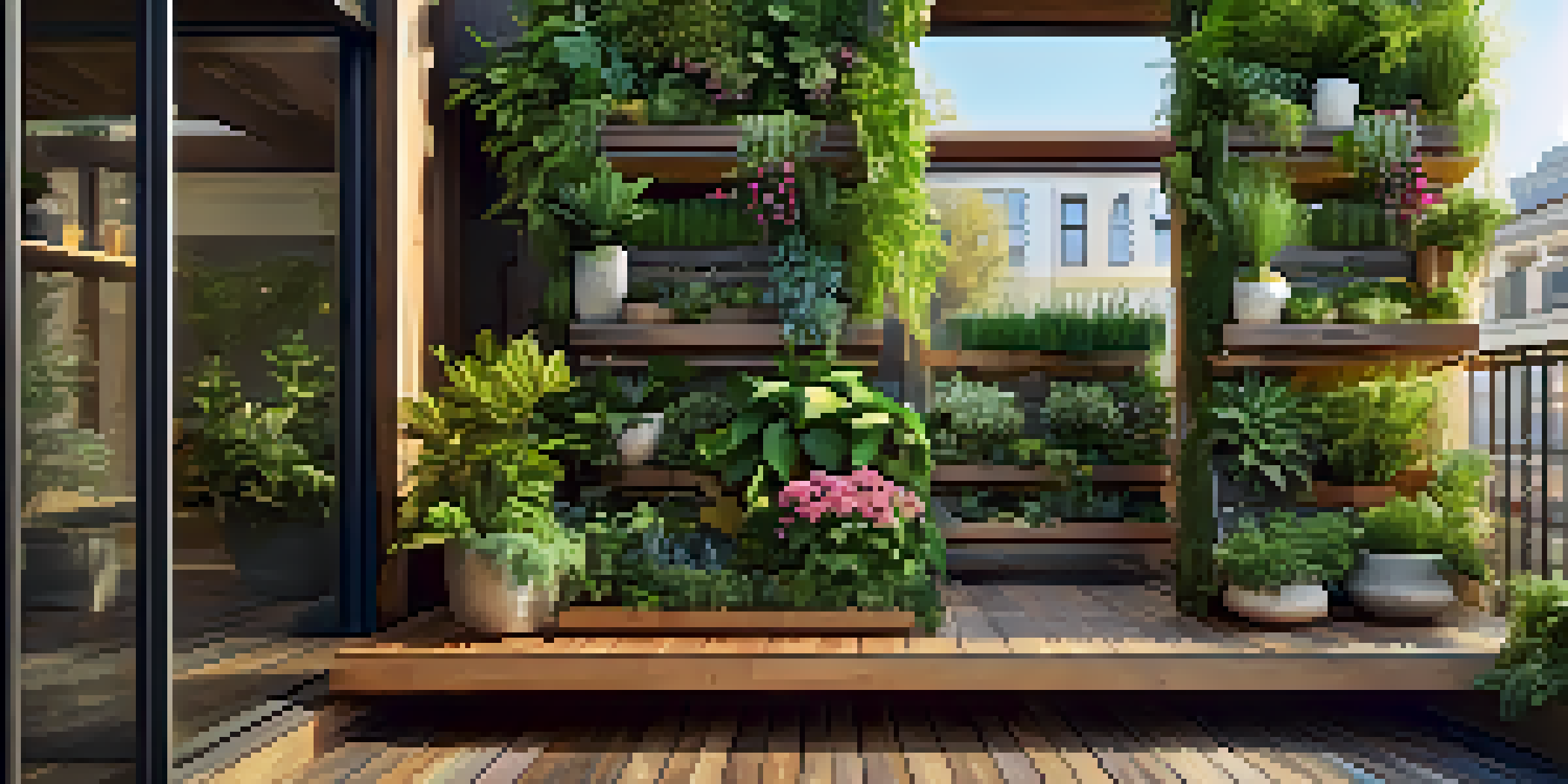 A lush vertical garden on a terrace with various plants arranged in wooden planters under bright sunlight.