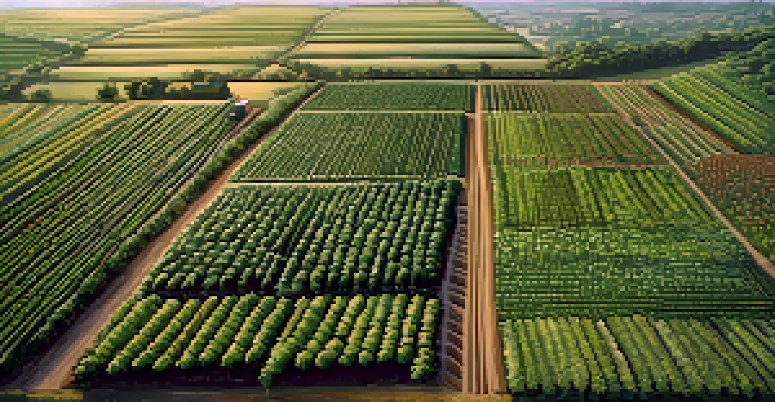 An aerial perspective of a farm with fruit trees and vegetable patches, highlighting sustainable agriculture.