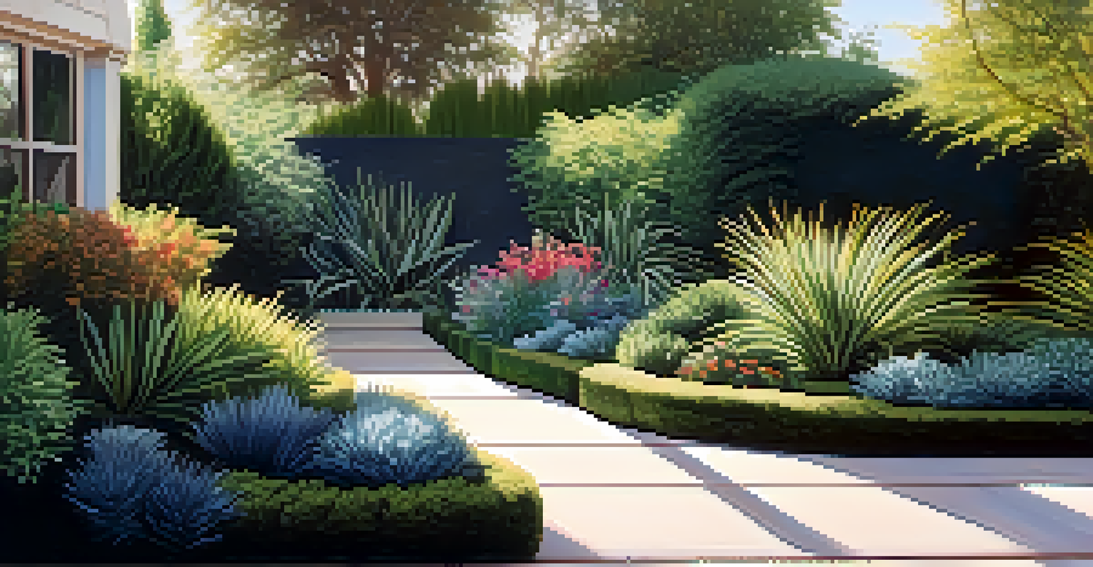 A garden filled with diverse plants, showcasing different colors and textures with soft afternoon shadows.