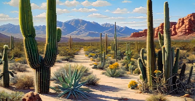 A colorful desert scene with different types of cacti, including a tall Saguaro and round Barrel cacti, under a bright blue sky.