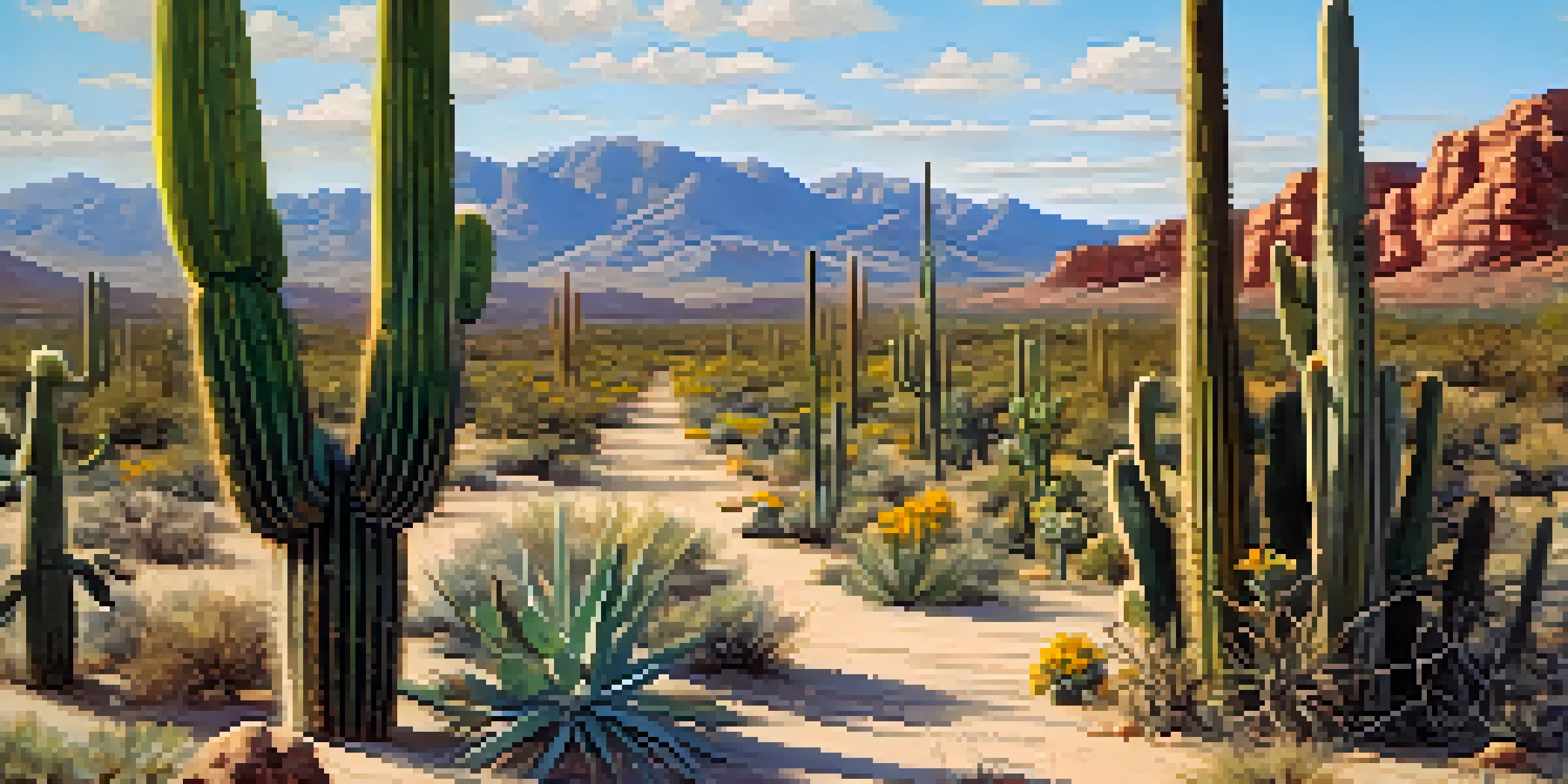 A colorful desert scene with different types of cacti, including a tall Saguaro and round Barrel cacti, under a bright blue sky.