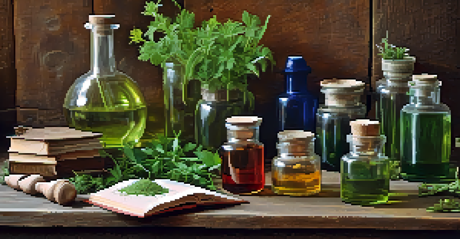 An artistic display of plant extracts, tincture bottles, fresh herbs, and books on a rustic table.
