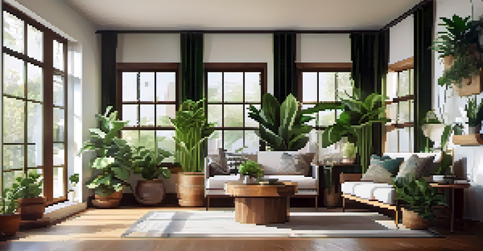 A cozy living room with various indoor plants, natural light, and a wooden coffee table.