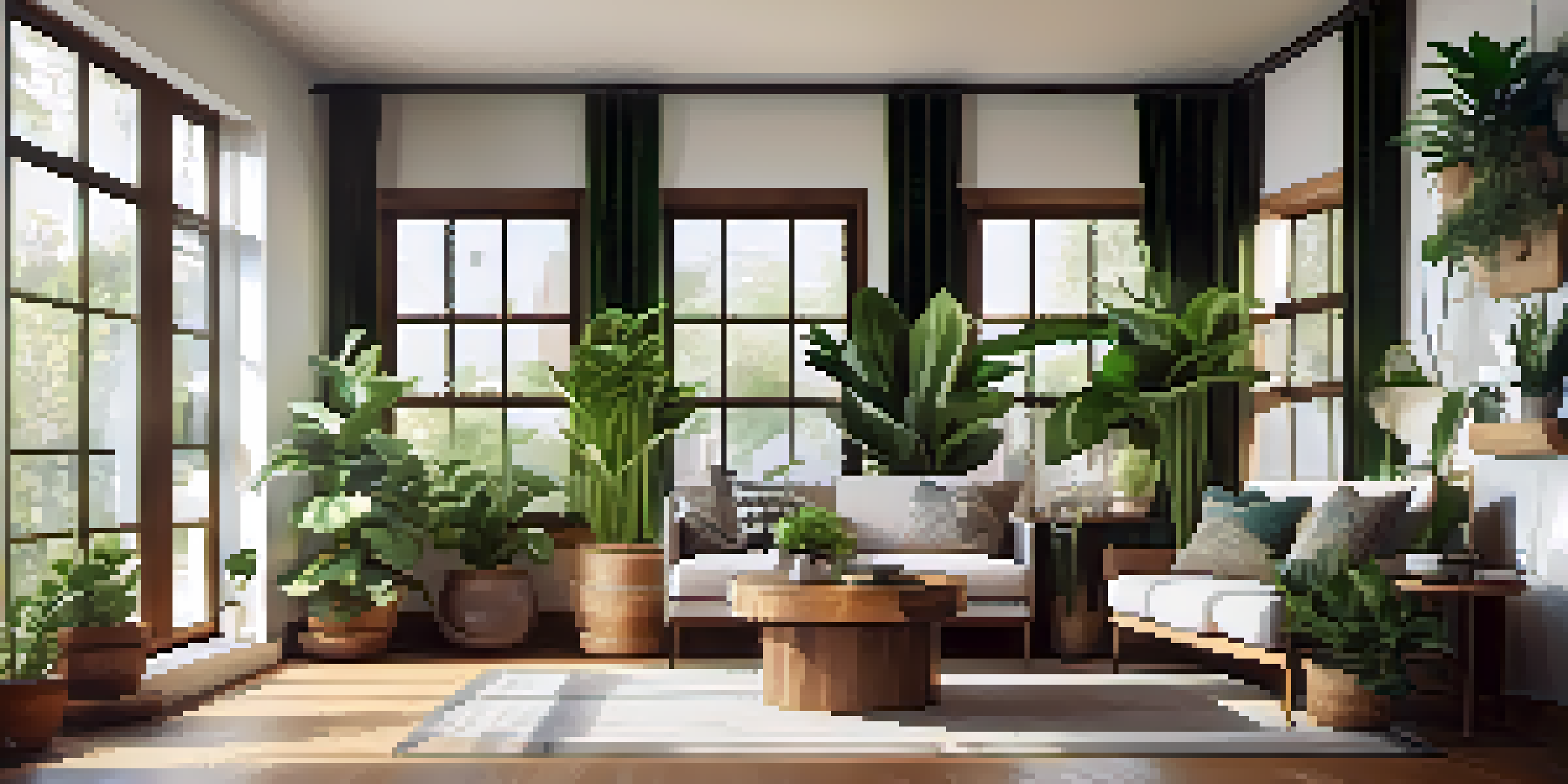 A cozy living room with various indoor plants, natural light, and a wooden coffee table.