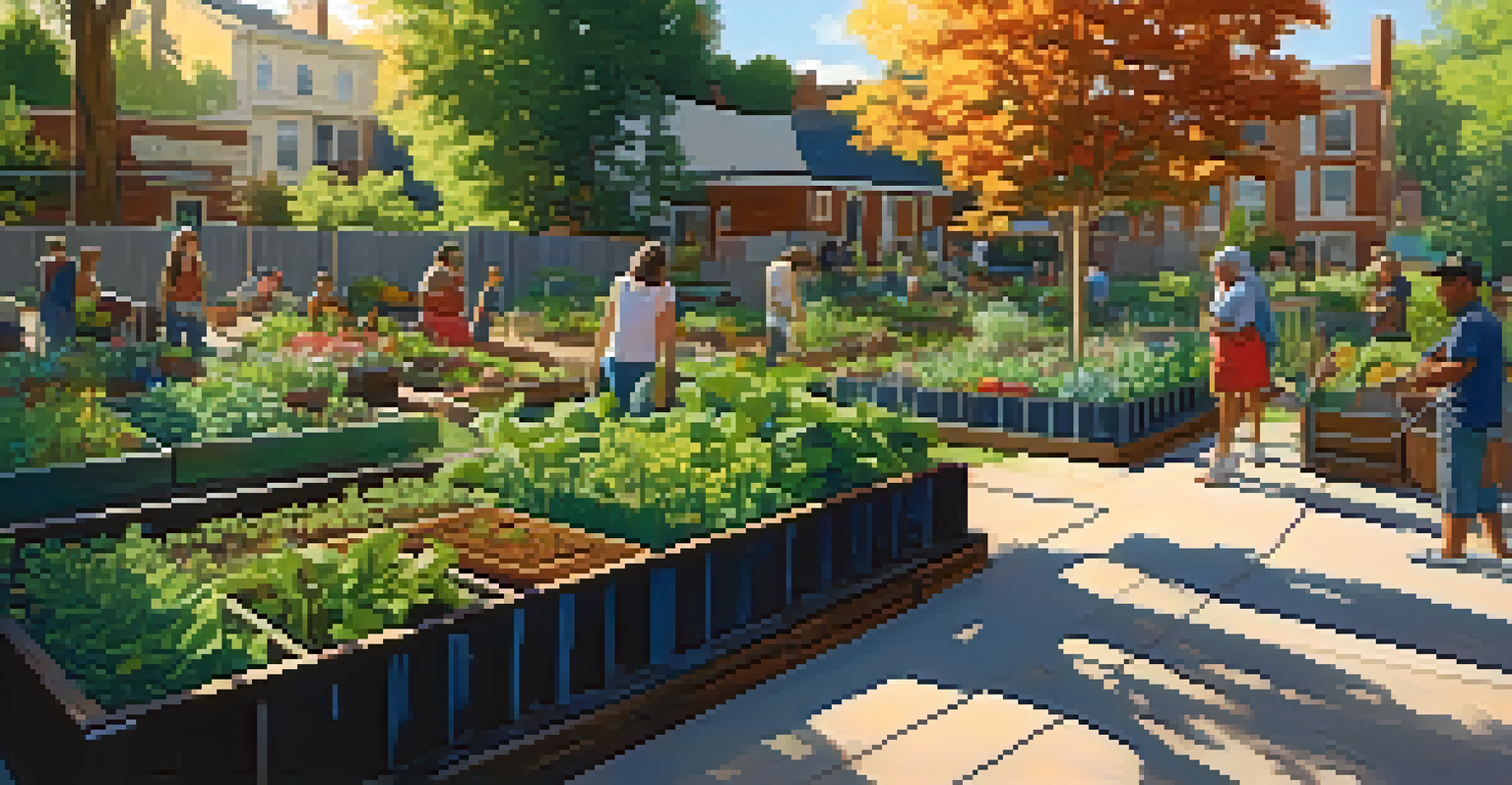 A community garden in an urban area with diverse people gardening together, surrounded by raised beds of native plants and vegetables, illuminated by sunlight.