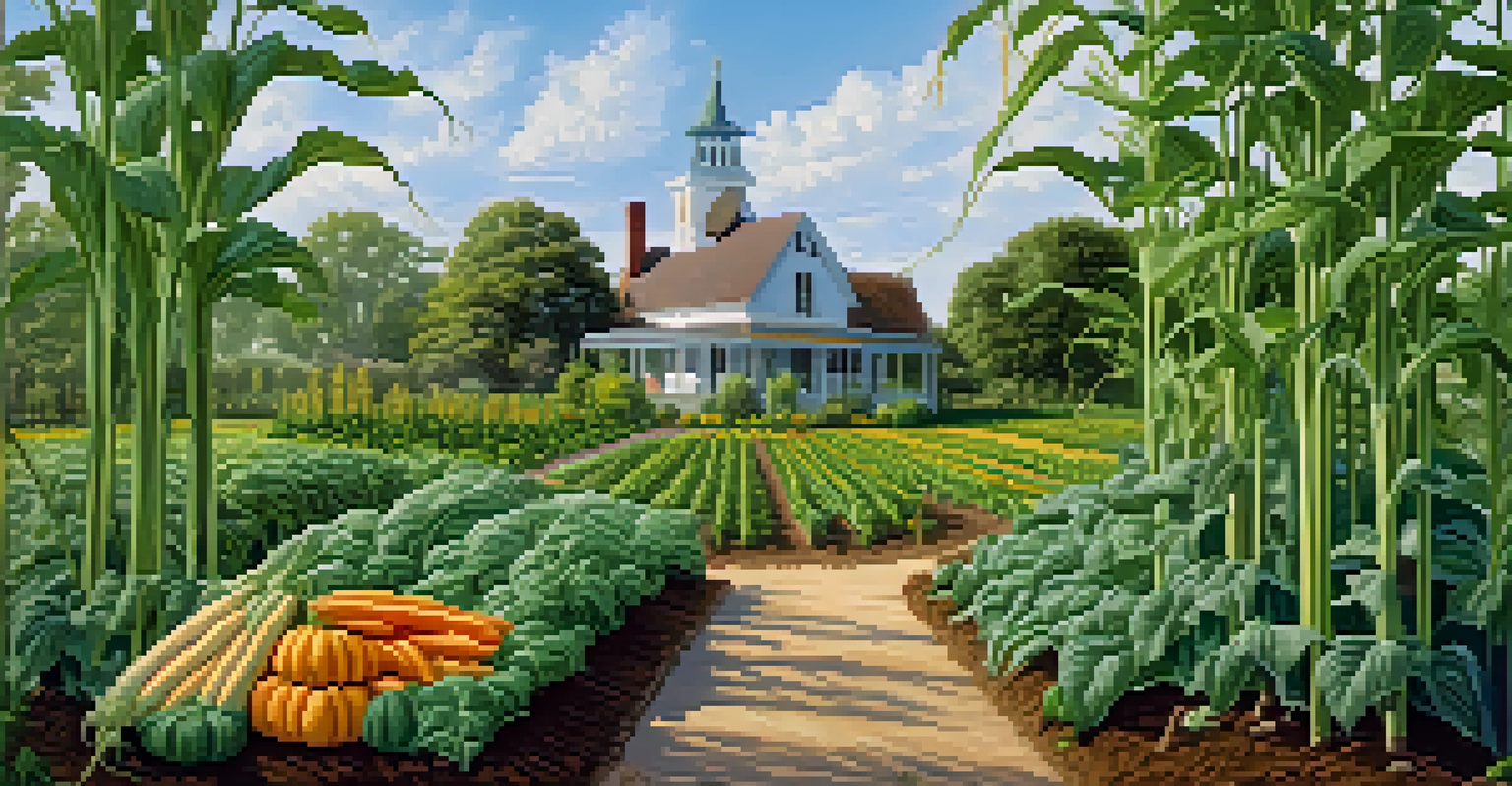 A thriving garden with corn, beans, and squash planted together, showcasing their natural growth patterns.