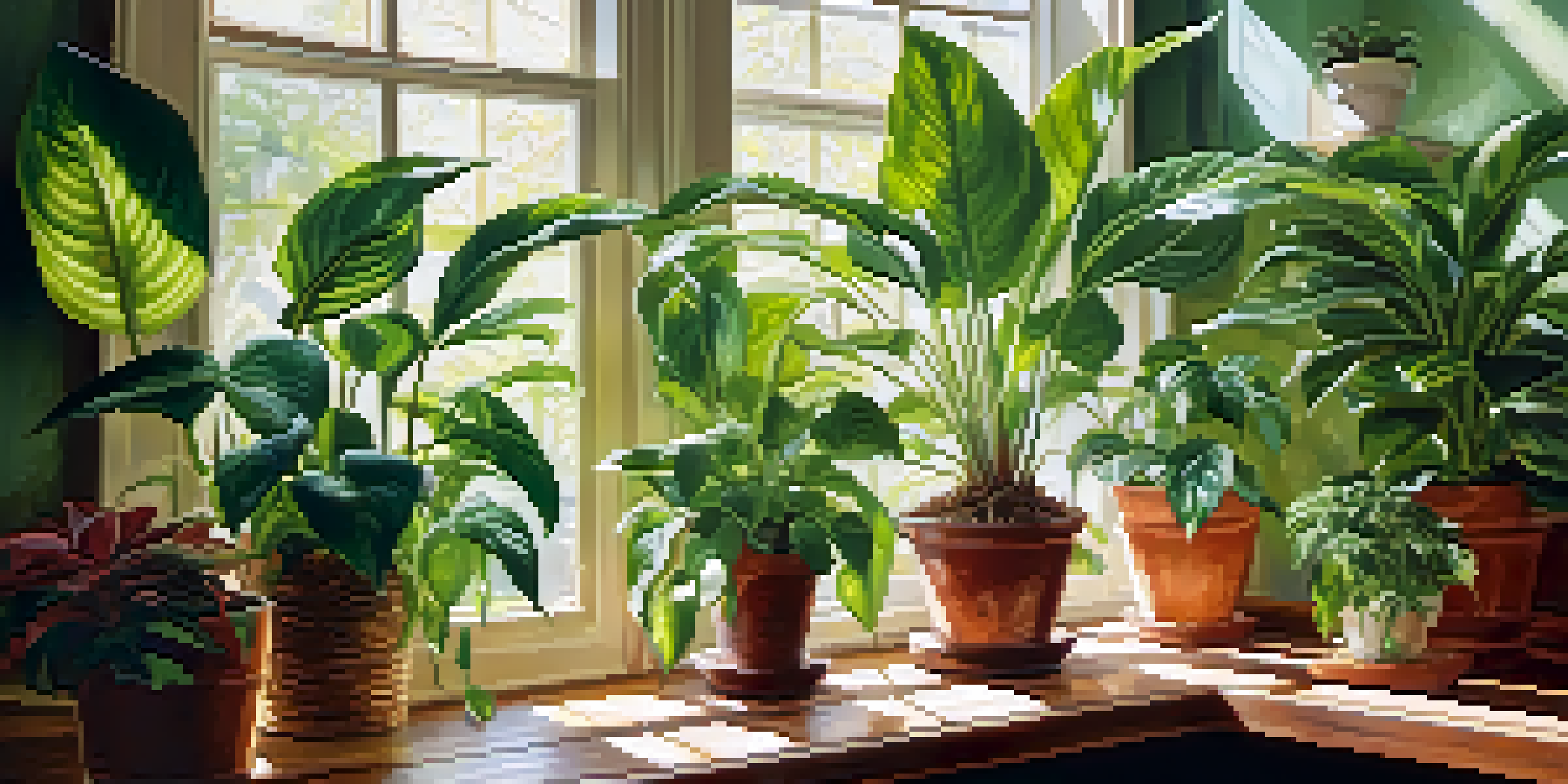 An indoor setting with various green plants on a wooden table, sunlight illuminating the space through a window.