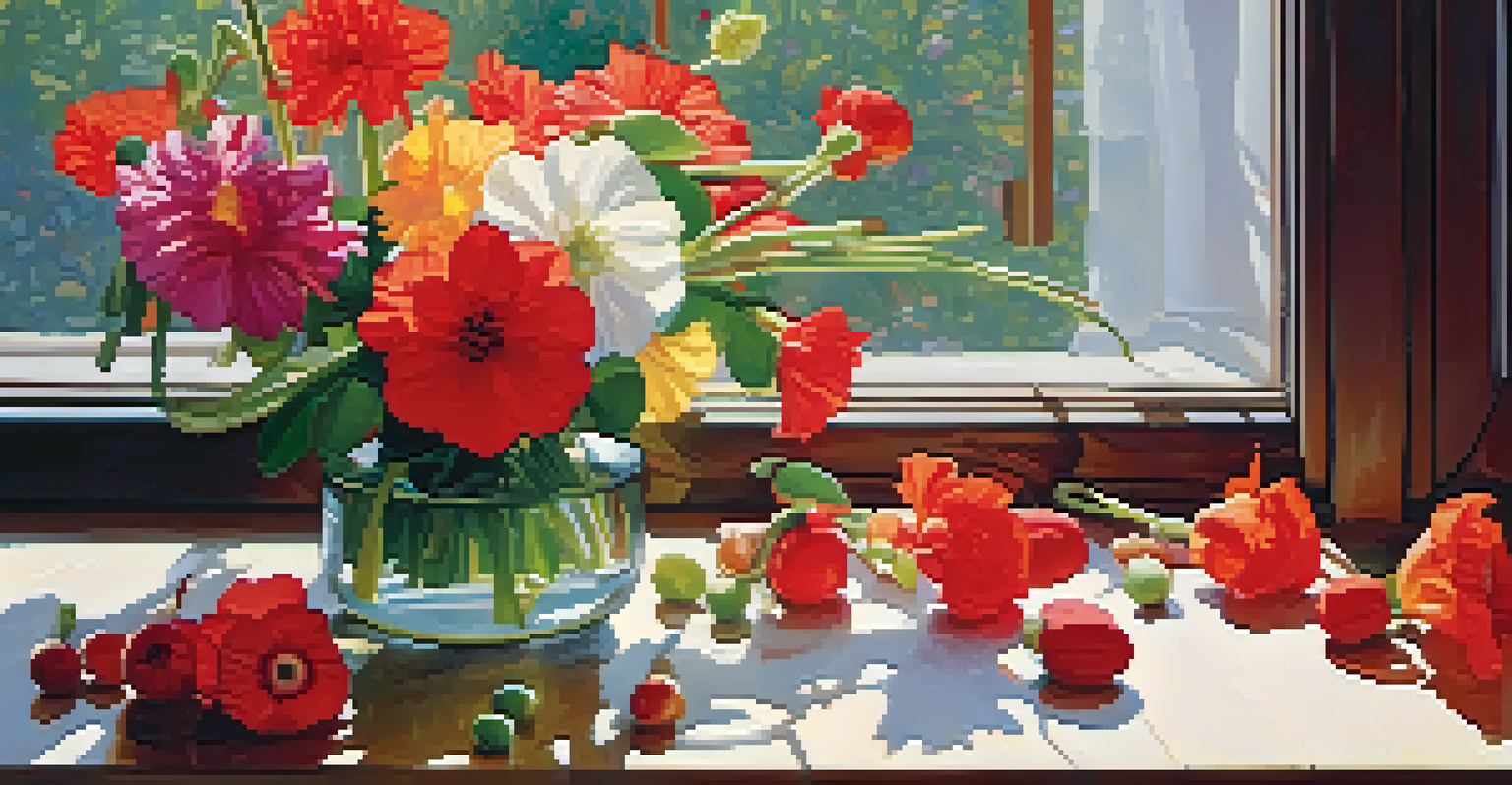 A still-life arrangement of various colorful flowers, highlighting a stamen and pistil, on a textured wooden table with natural light.