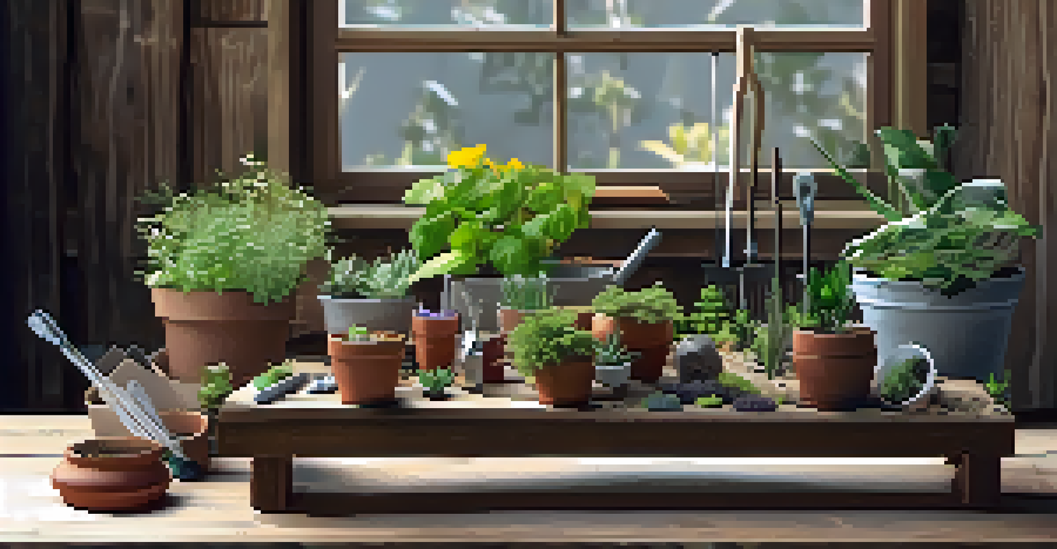 A DIY vertical garden kit on a rustic wooden table, with pots, soil, and small plants, illuminated by natural light from a window.