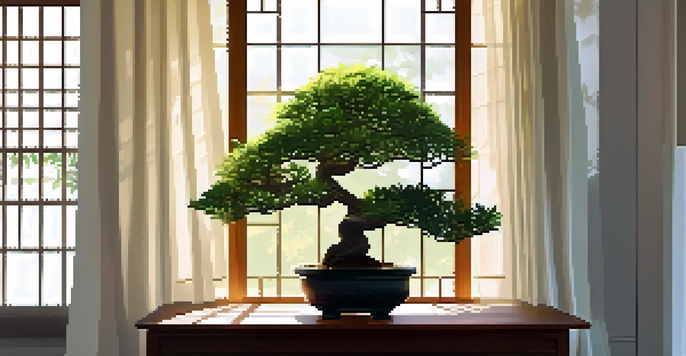 An indoor scene with a Ficus bonsai tree on a wooden table, sunlight filtering through curtains, and decorative pebbles.