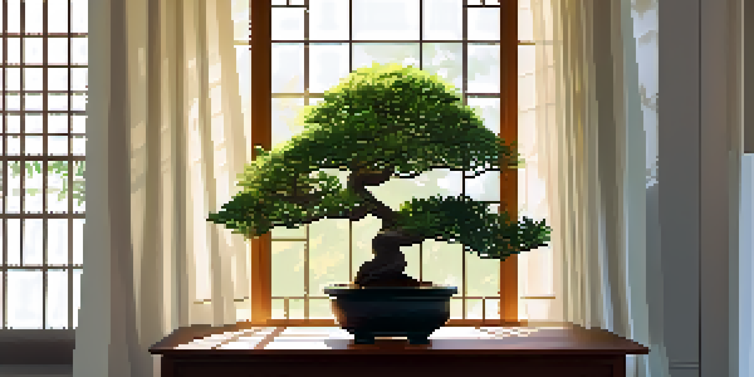 An indoor scene with a Ficus bonsai tree on a wooden table, sunlight filtering through curtains, and decorative pebbles.