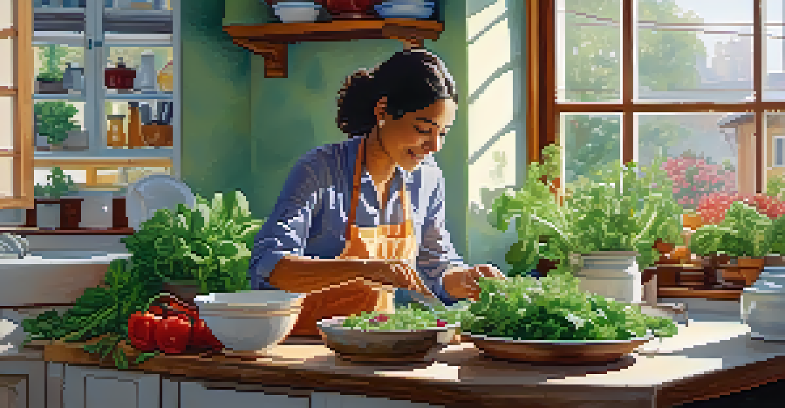 A cozy kitchen with a person preparing a salad using fresh Holy Basil, with colorful vegetables and a bowl of Tulsi tea.