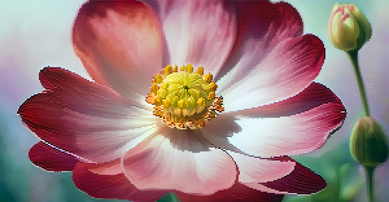 A close-up of a single flower with soft, velvety petals in a gradient of red to pink, with a blurred background.
