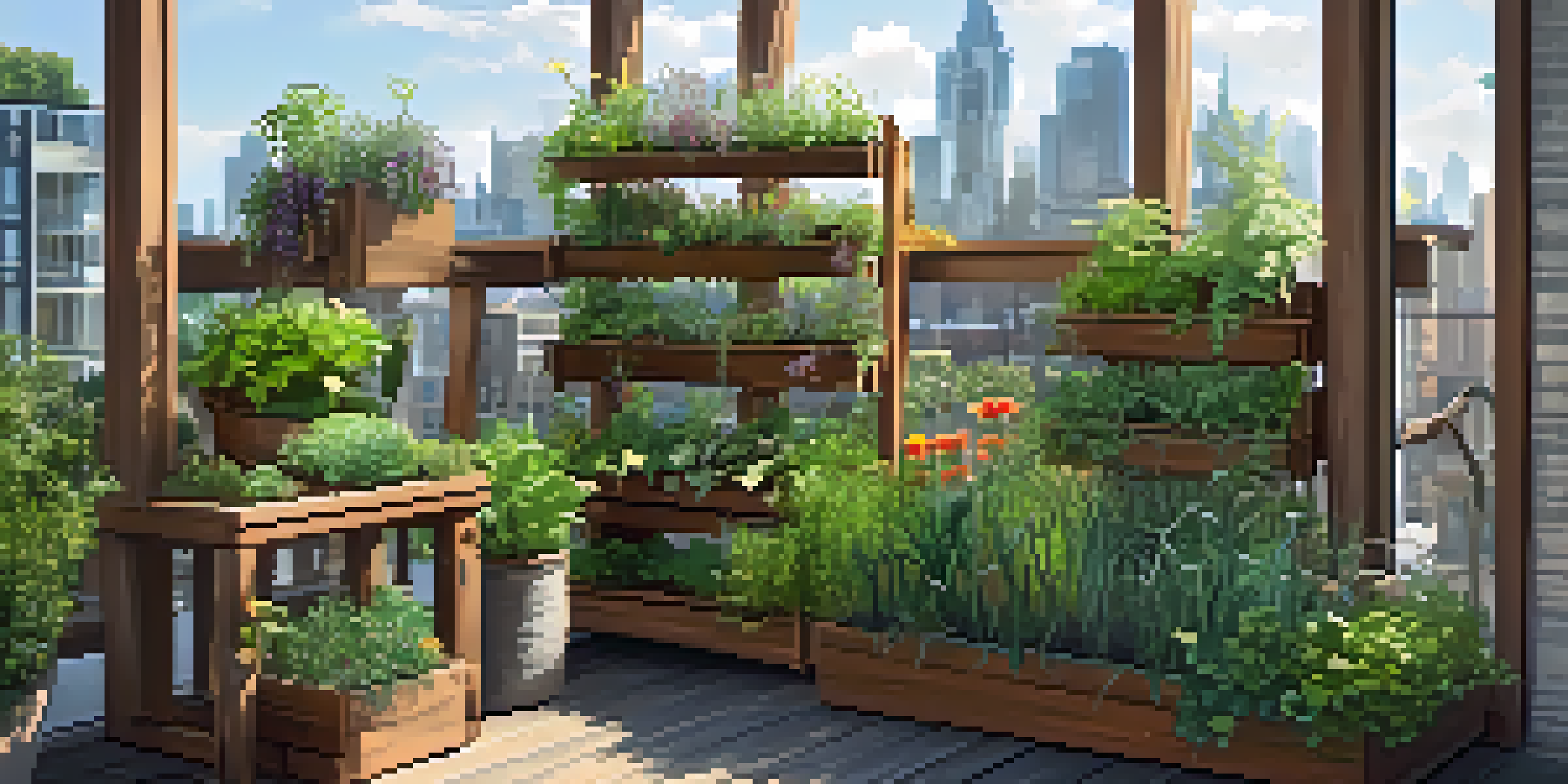 A colorful vertical garden with herbs and vining plants on a wooden trellis in a sunny urban balcony setting.