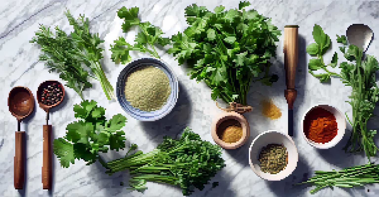 Flat lay of cilantro and parsley with spices and utensils on a marble countertop, illuminated by natural light.