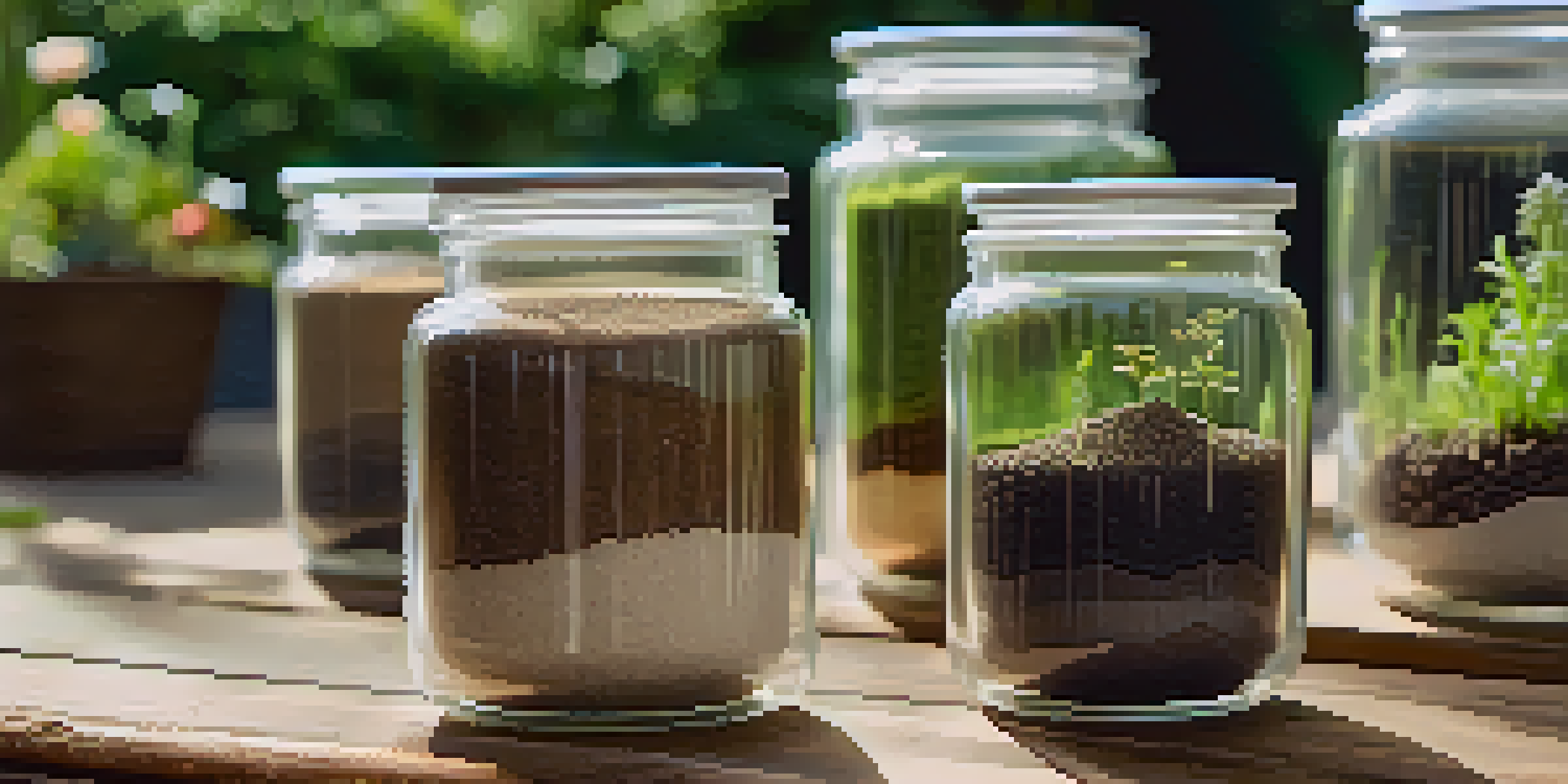 Close-up of jars filled with different soil types, showing distinct layers of sandy, clay, silt, loamy, and chalky soils, with a sunny garden in the background.