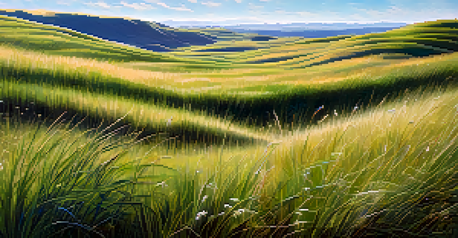 A close-up view of a vibrant grassland with various grasses and wildflowers under a clear blue sky.