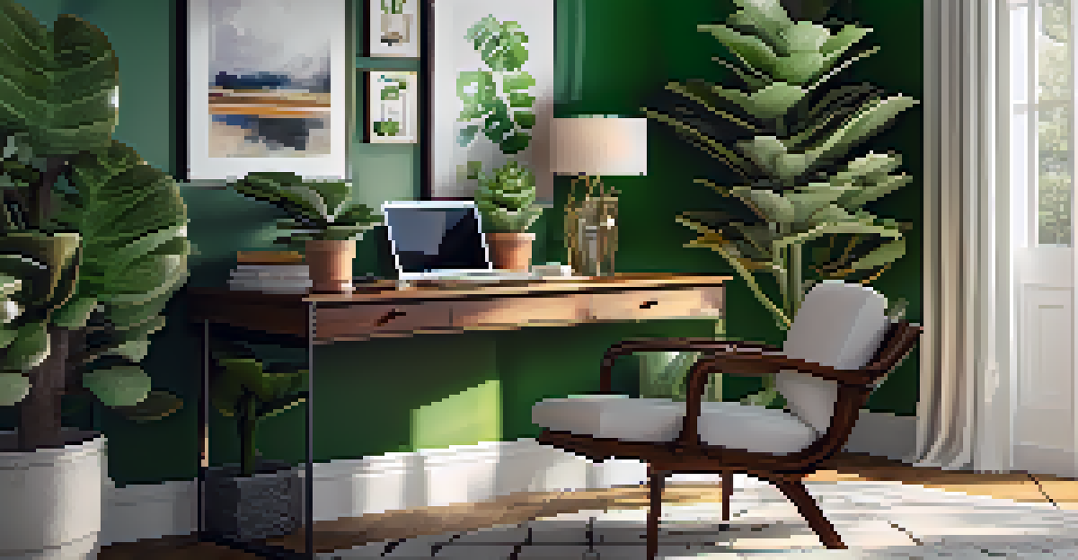 A stylish home office with a desk and a tall fiddle leaf fig, illuminated by warm afternoon sunlight.