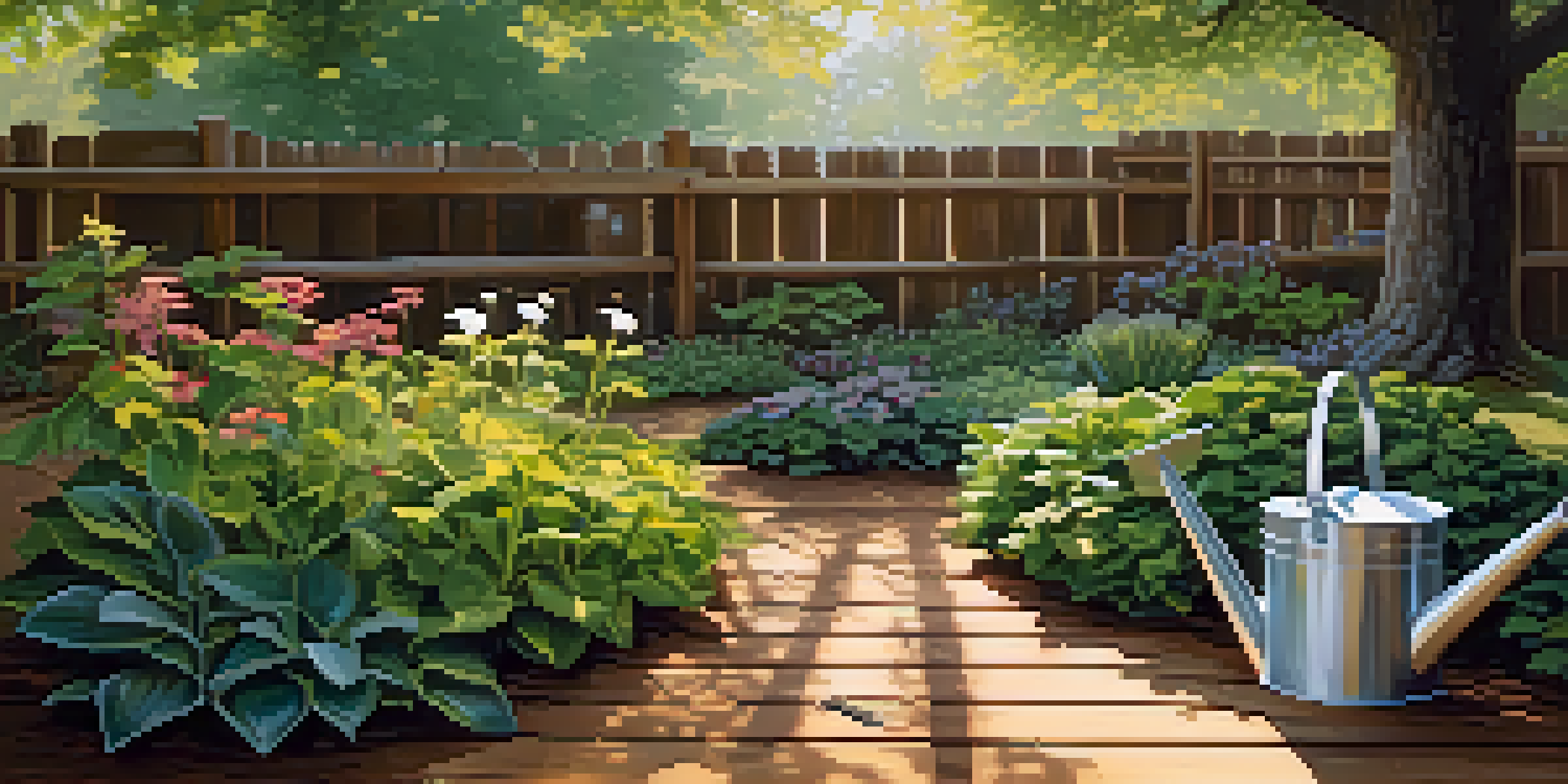A peaceful garden with diverse plants and organic mulch under bright sunlight, complemented by a watering can and trowel on a wooden bench.