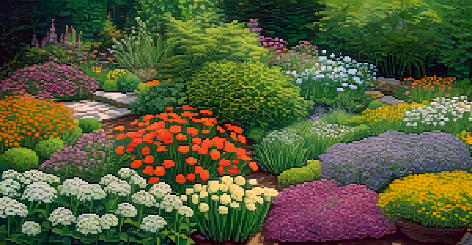 An overhead view of a diverse garden bed with companion plants and colorful flowers, highlighting a healthy ecosystem with insects.