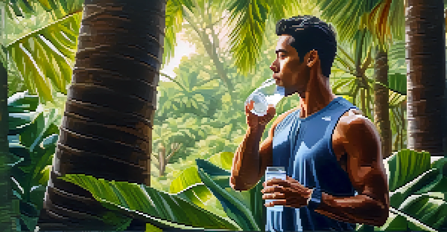A runner drinking coconut water outdoors in a lush green setting after a workout.