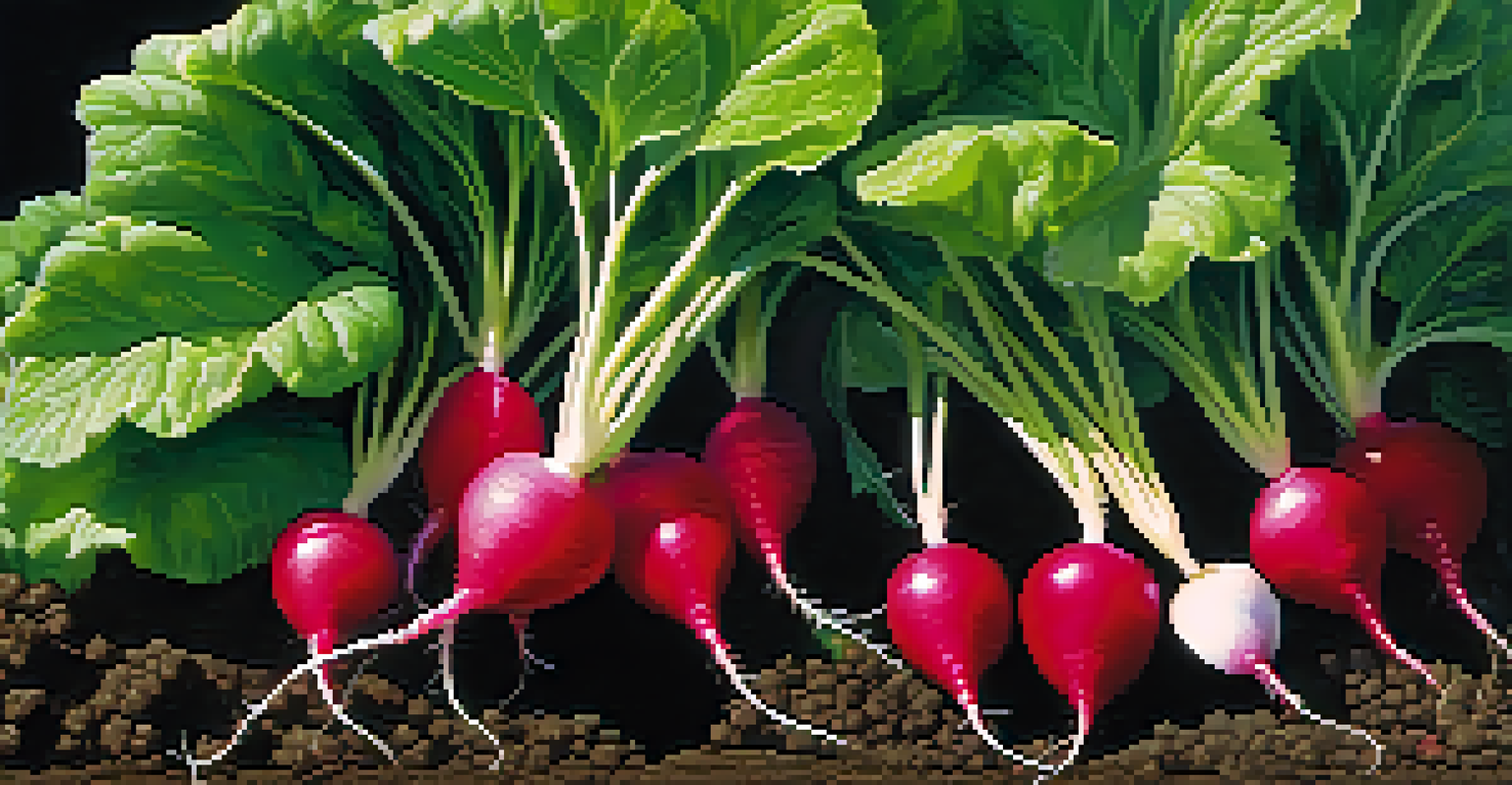 A close-up of radishes and leafy greens in a thriving garden patch, with sunlight highlighting dewdrops and butterflies in the background.