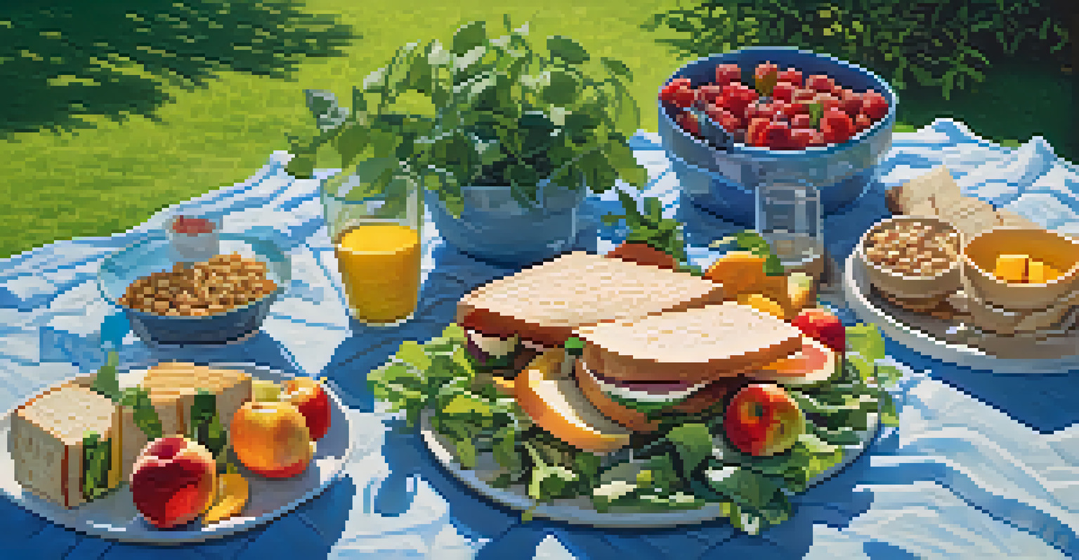 An outdoor picnic with a variety of plant-based dishes on a blanket in green grass under a clear sky.