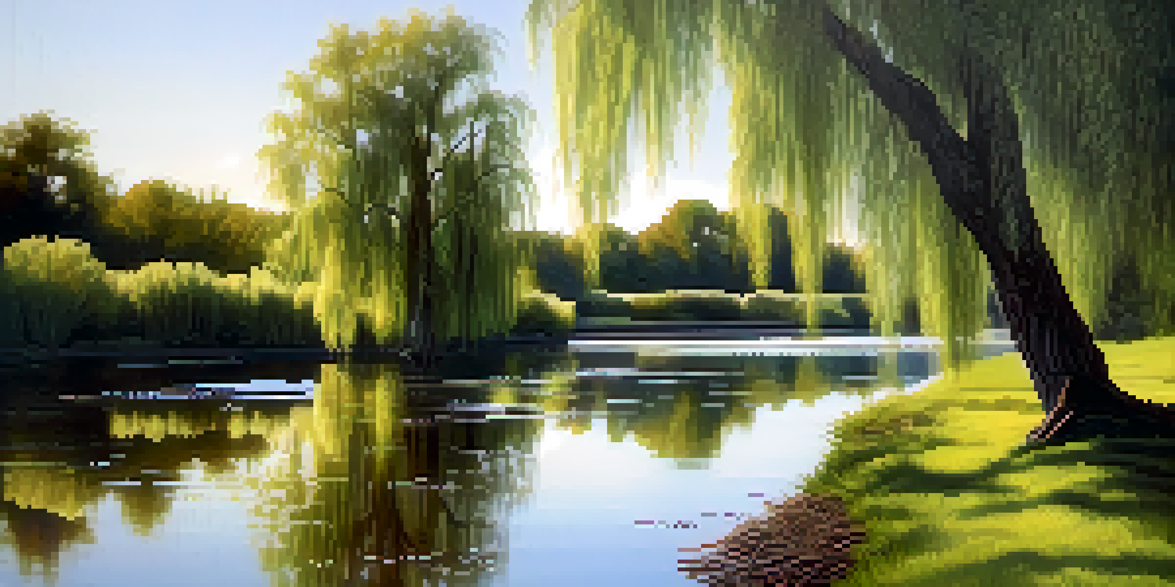 A peaceful view of a willow tree by a calm river, with sunlight shining through the leaves.