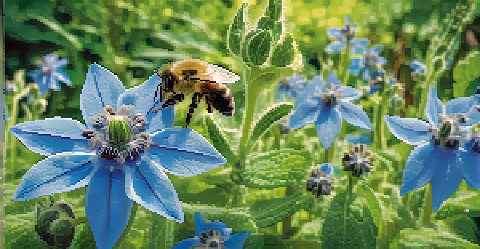 Close-up of blue borage flowers with bees buzzing around, set against a backdrop of green vegetable plants.