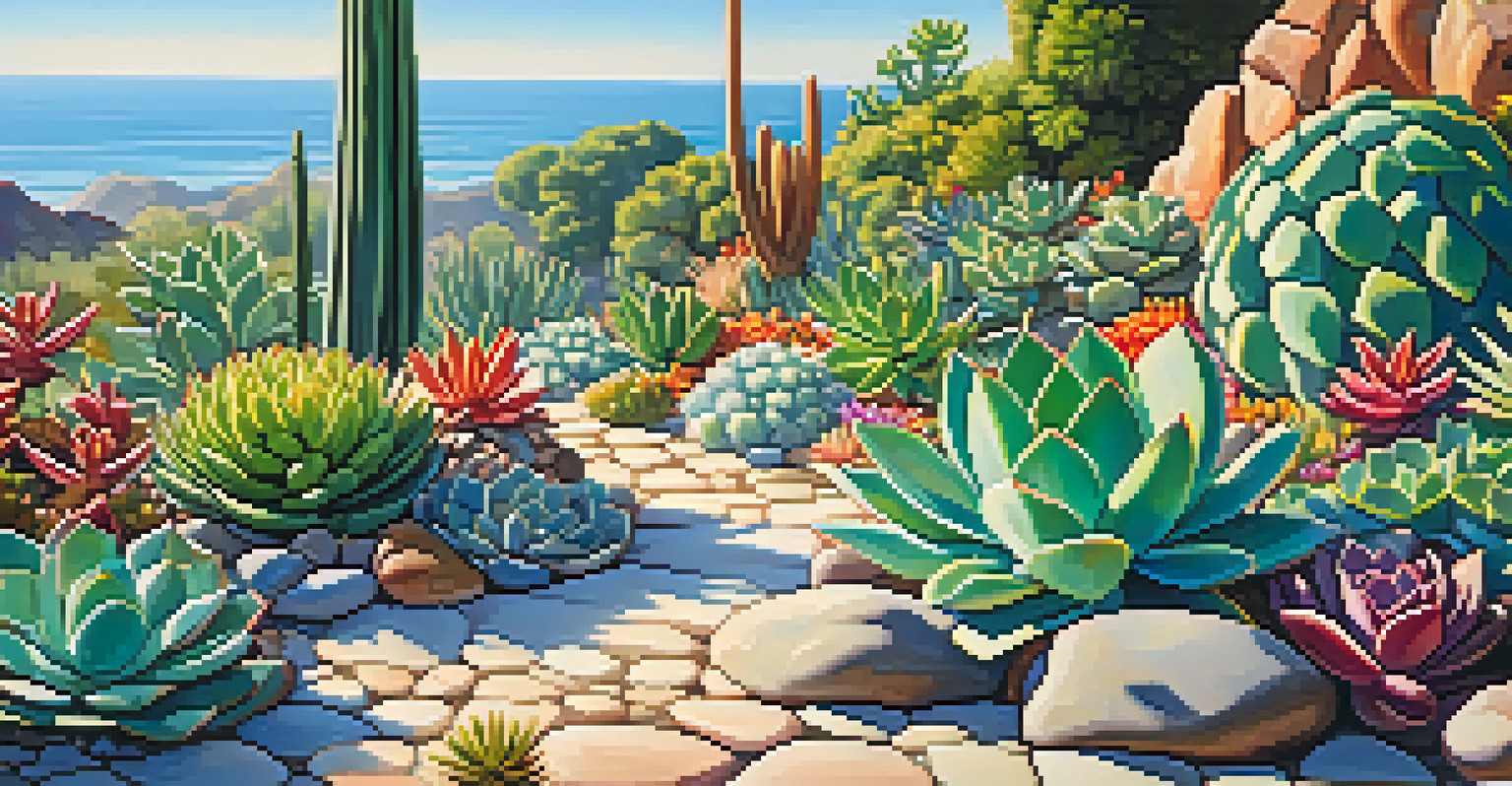 Lush outdoor succulent garden filled with colorful plants and pebbles, illuminated by bright sunlight under a blue sky.