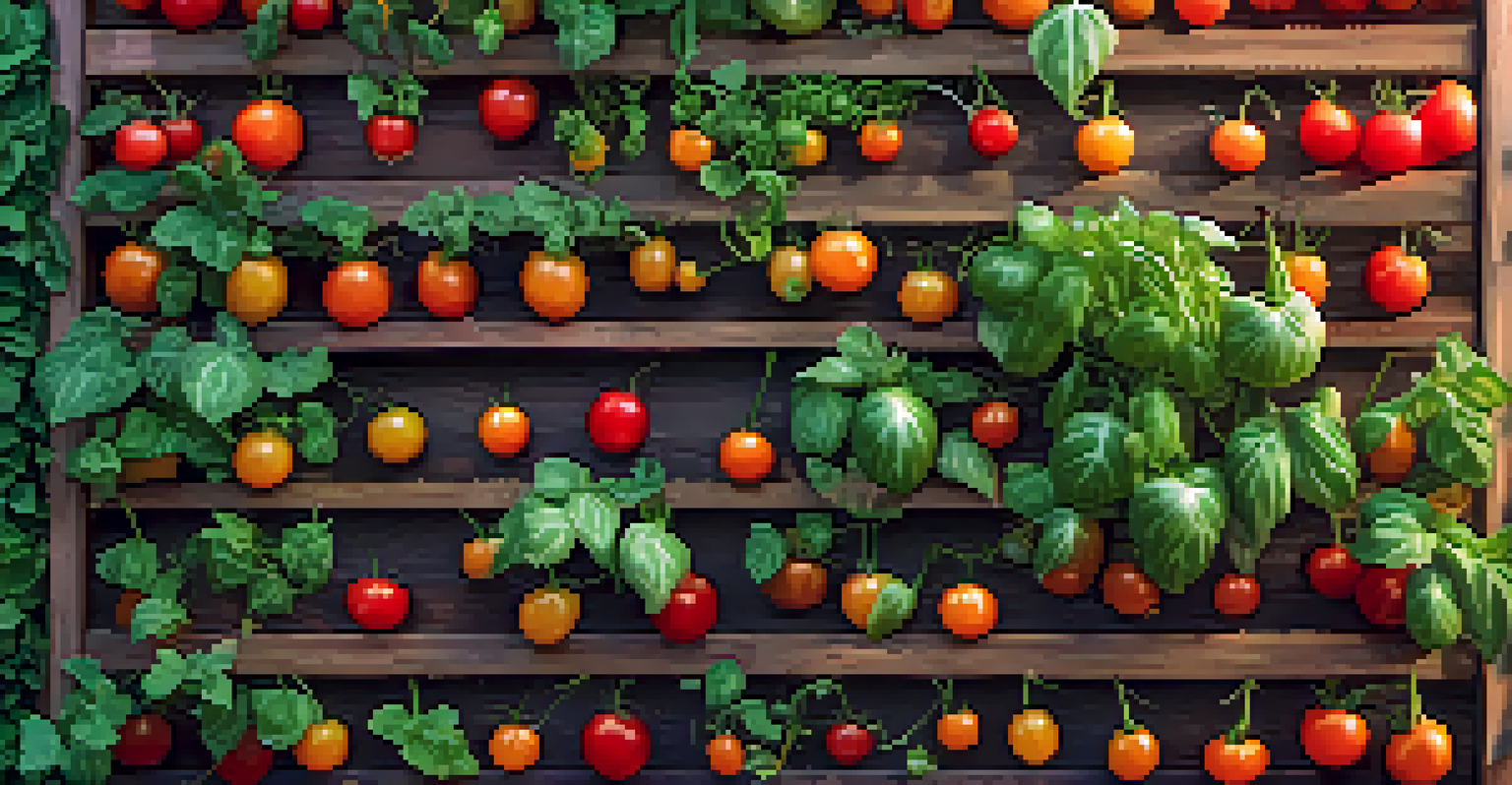 A vertical garden with edible plants like basil, cherry tomatoes, and cucumbers, illuminated by evening light.