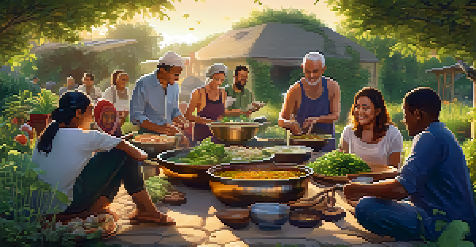 A diverse group of people cooking traditional dishes outdoors, using local edible plants in a lush garden, with warm light highlighting the scene.
