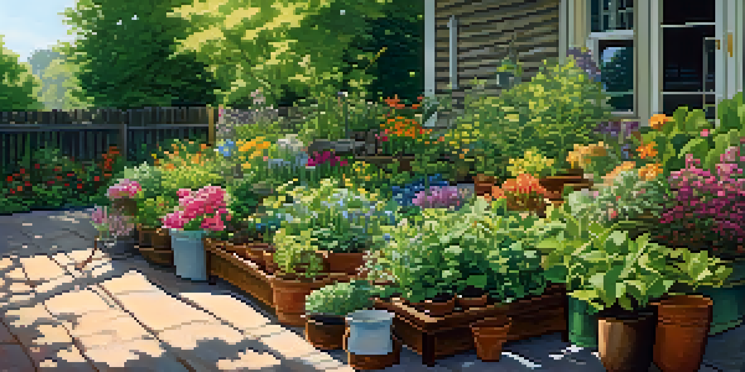 A vibrant garden scene with divided perennial plants in clusters, sunlight filtering through leaves, and a potting station in the background.