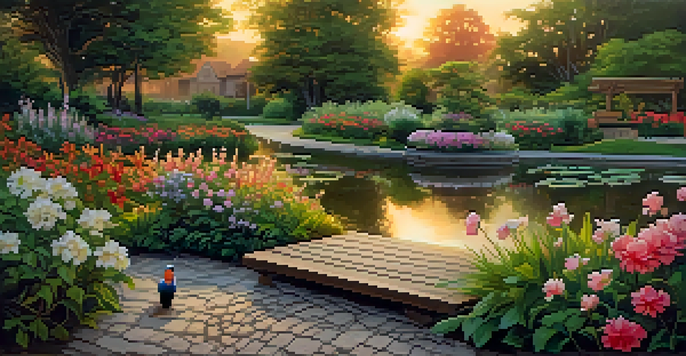 A tranquil garden at sunset with blooming flowers, a winding path, and a reflecting pond.
