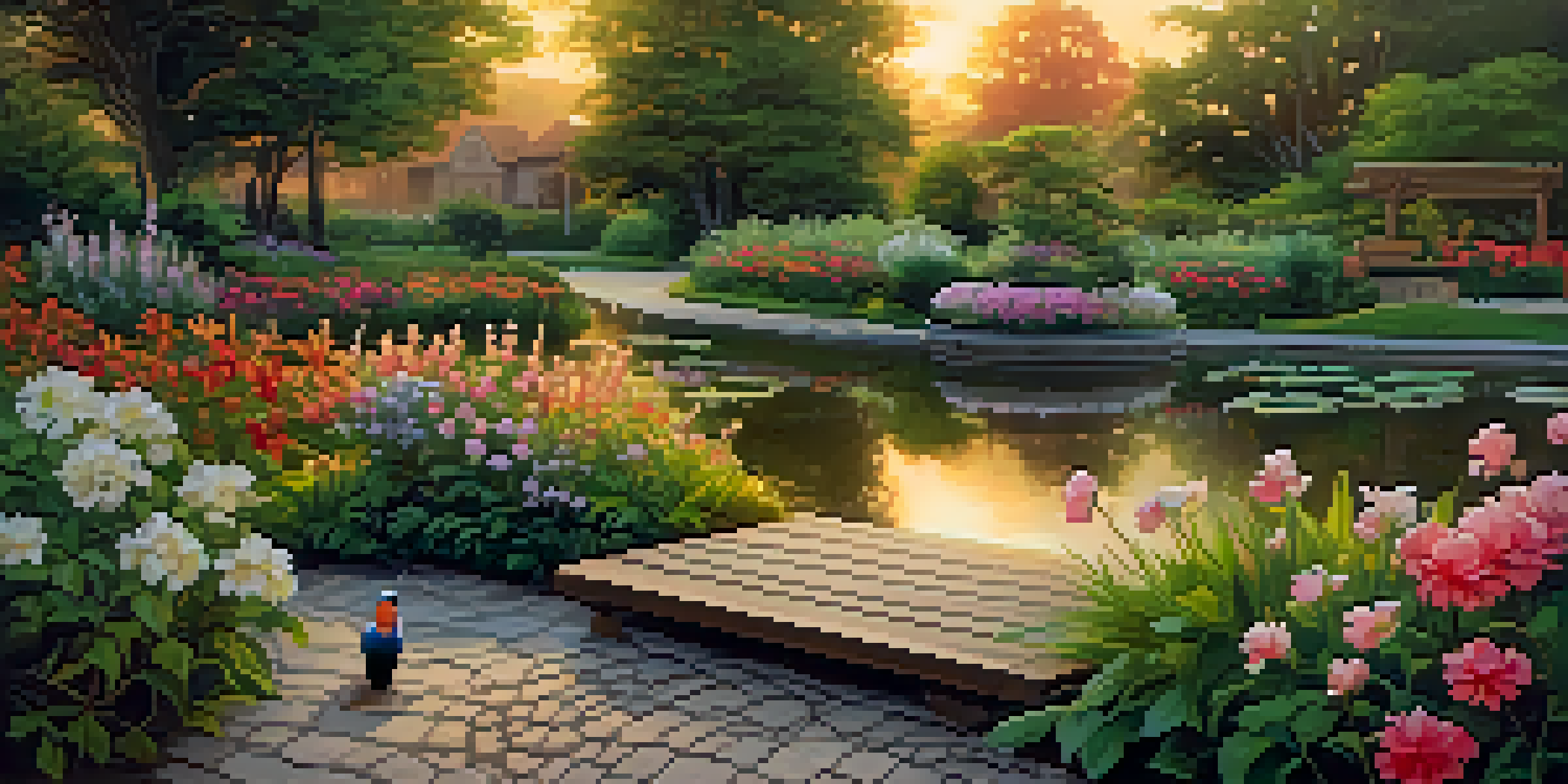 A tranquil garden at sunset with blooming flowers, a winding path, and a reflecting pond.