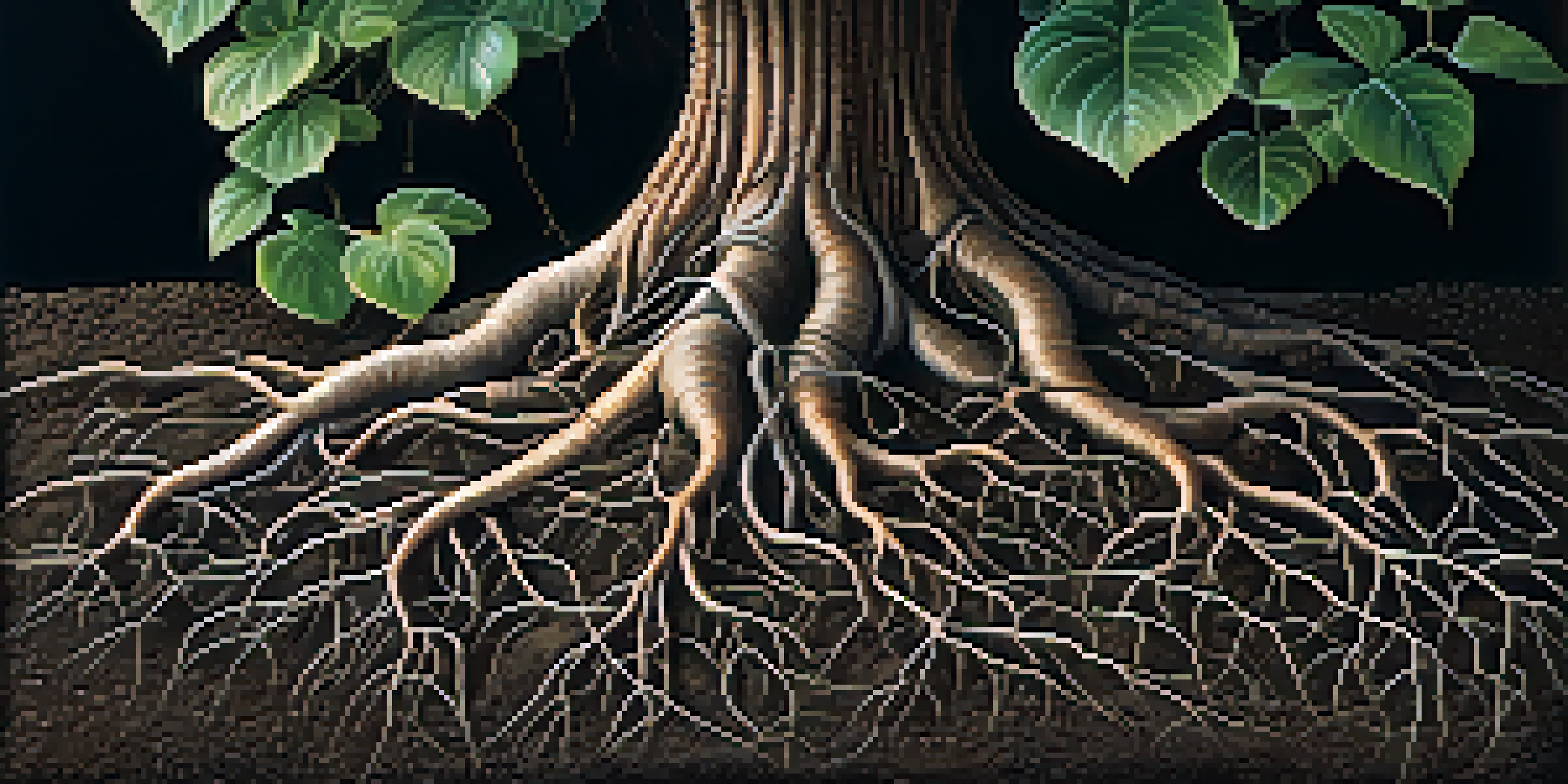 A close-up view of plant roots in rich soil, illuminated by sunlight, with visible textures and small stones.