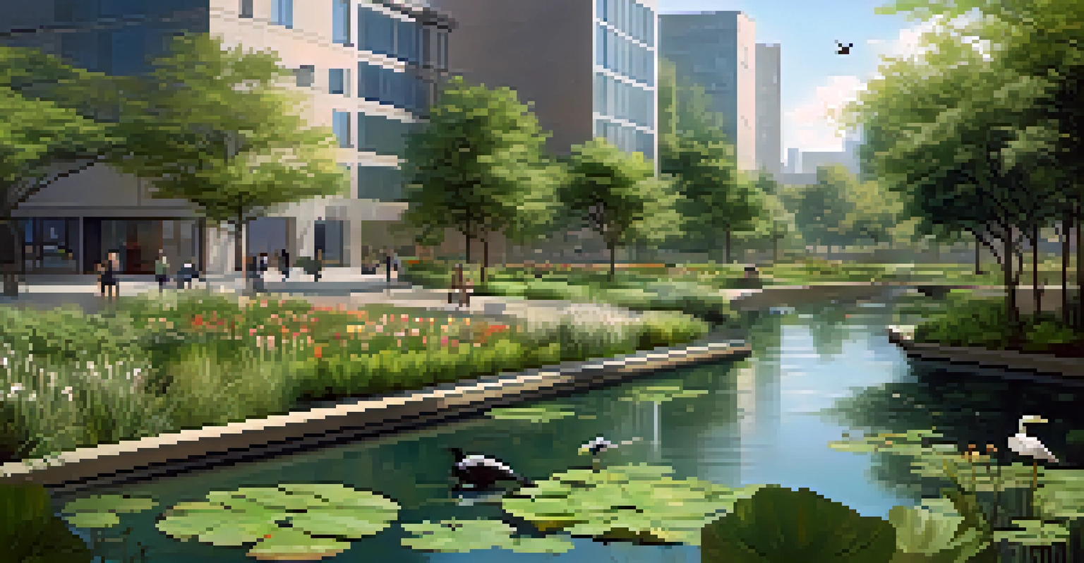 A tranquil urban garden filled with native plants and a small pond, attracting wildlife, with modern buildings in the background illustrating the blend of nature and city life.